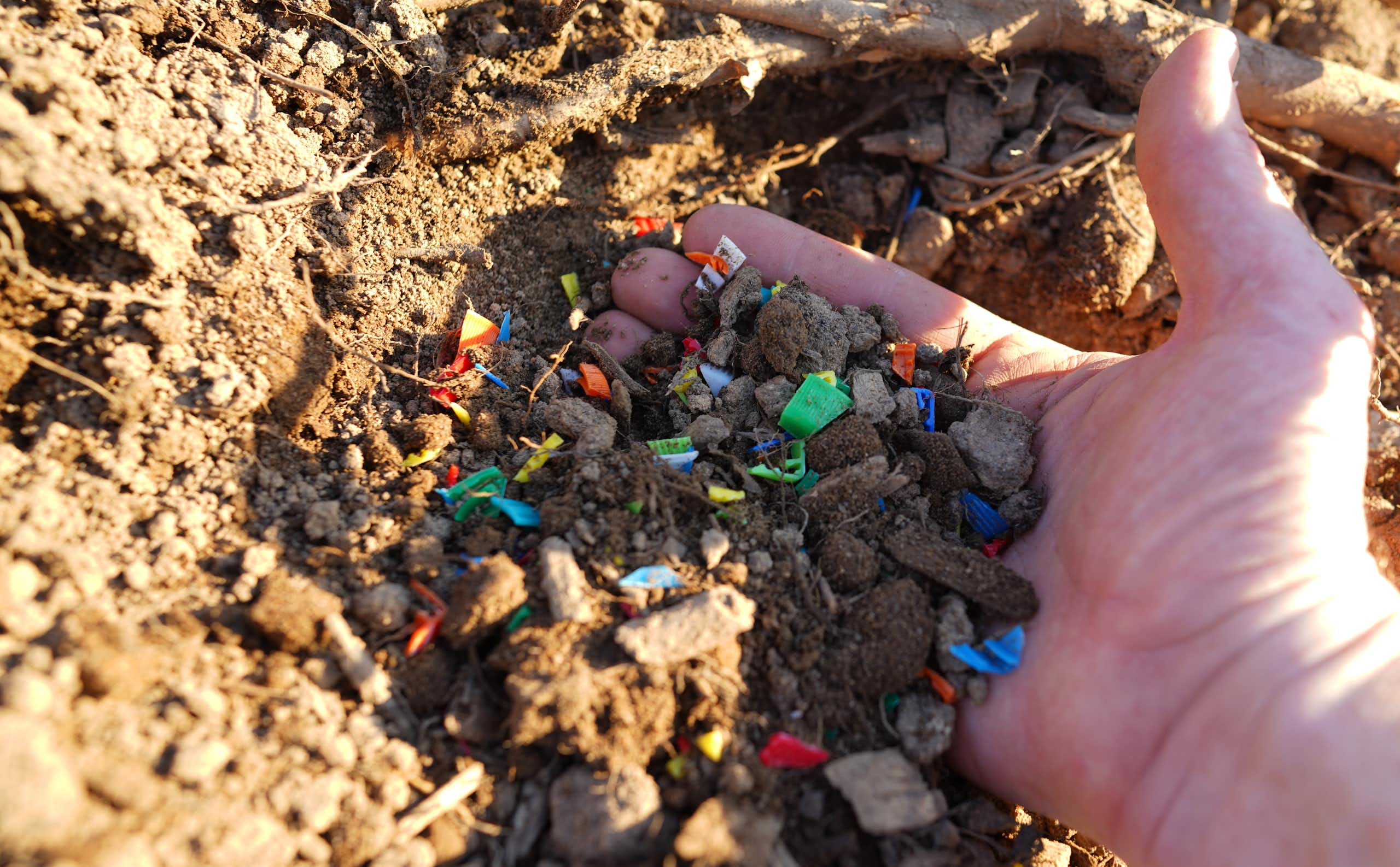 Una mano recoge microplásticos de colores de la tierra