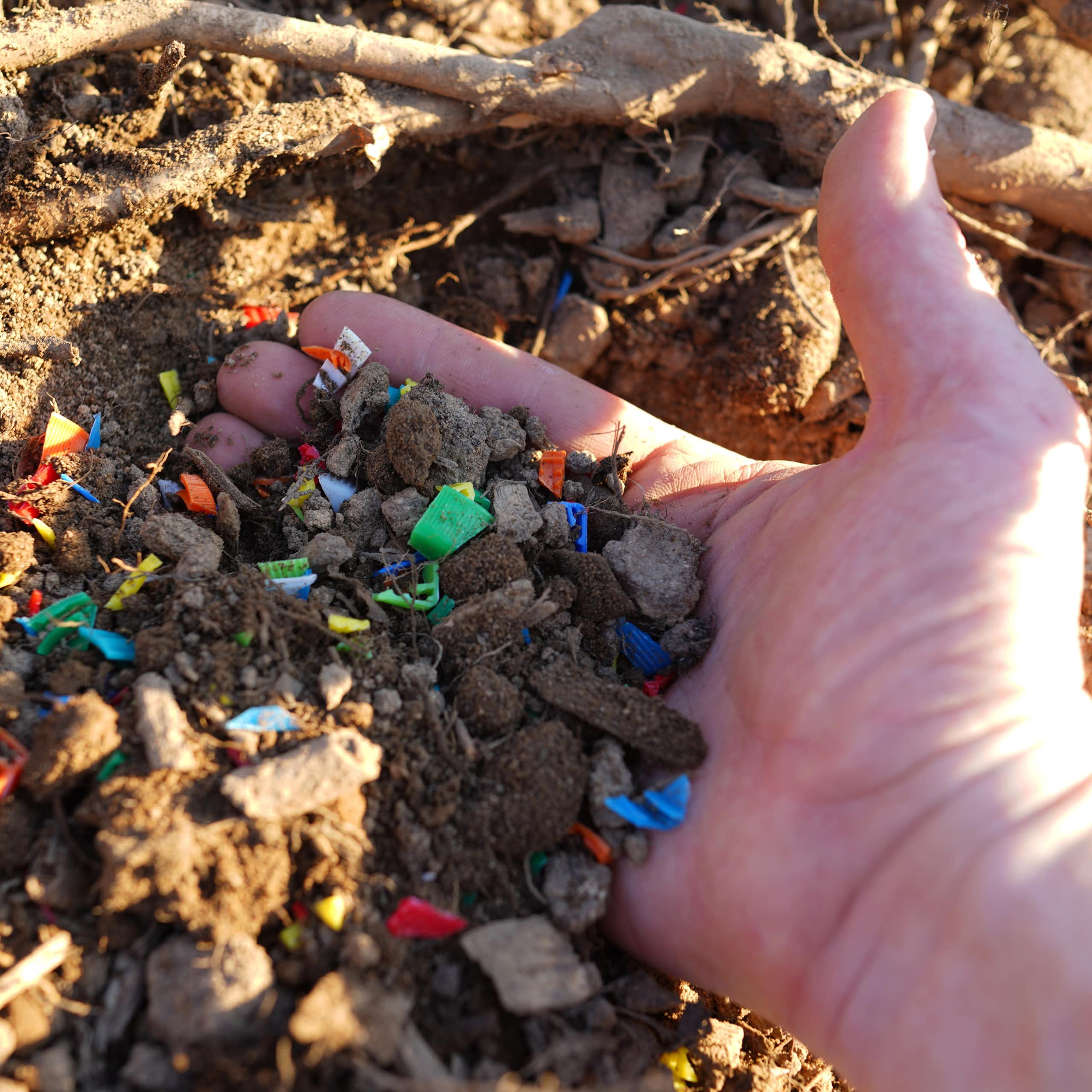 Una mano recoge microplásticos de colores de la tierra