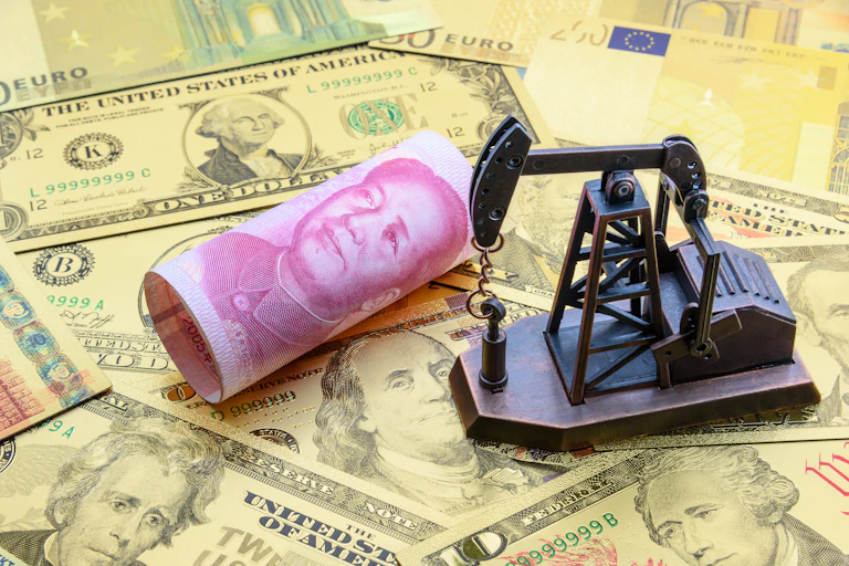 Chevalet de pompage de pétrole sur des billets de dollars, d'euros et de yuans.