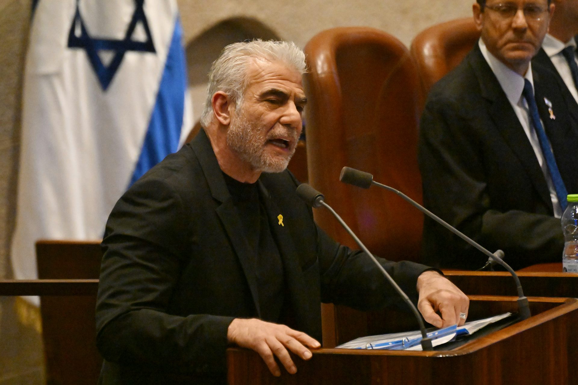 The leader of the Israeli opposition, Yair Lapid, speaking in 2024.