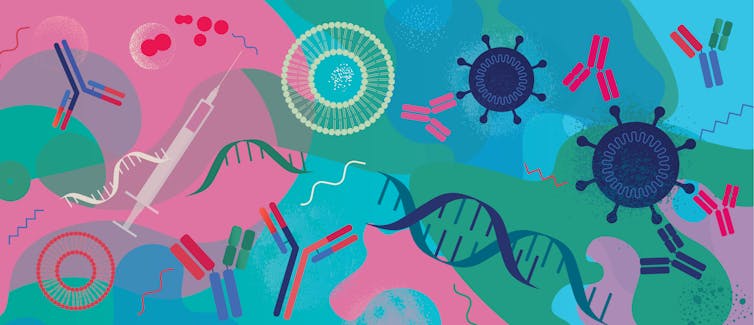 Conceptual illustration representing biotechnology and the development of messenger RNA vaccines.