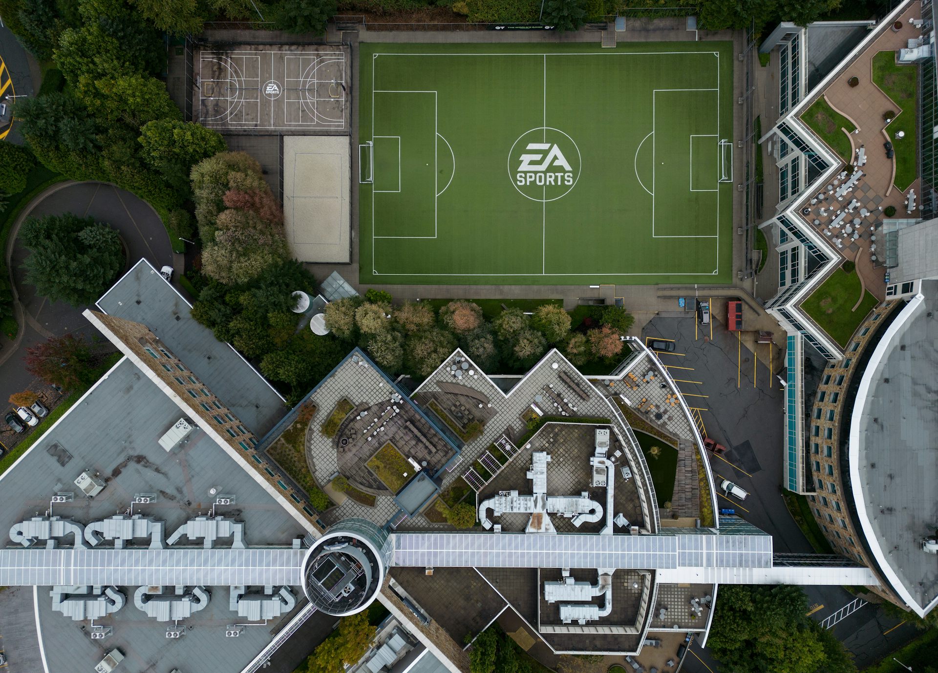 An erial view of the EA Sports logo on a soccer pitch