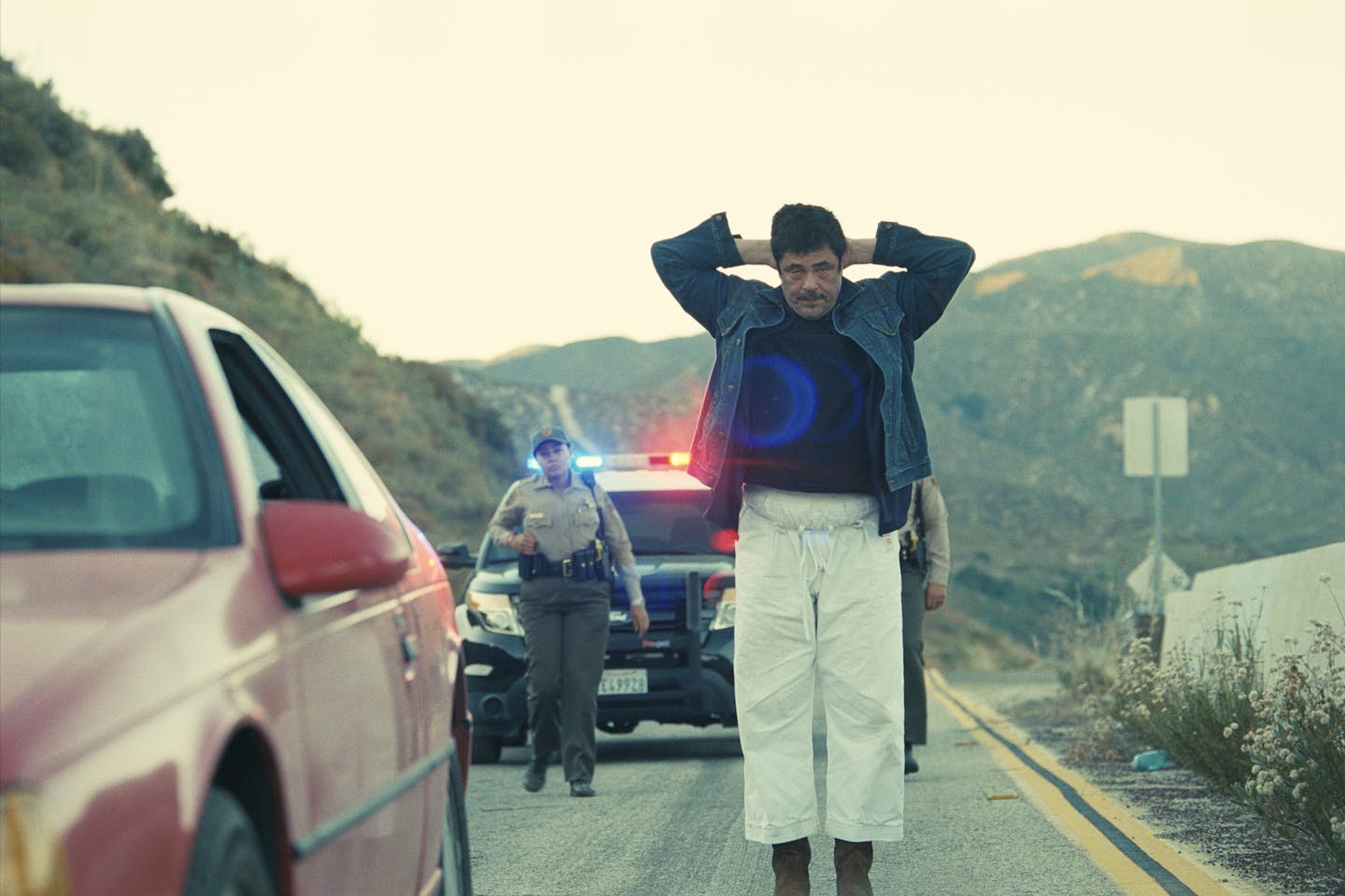 Benicio del Toro being arrested.