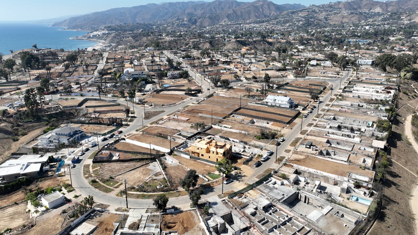 An aerial view of the Palisades fire zone in Los Angeles, showing burned building foundations.