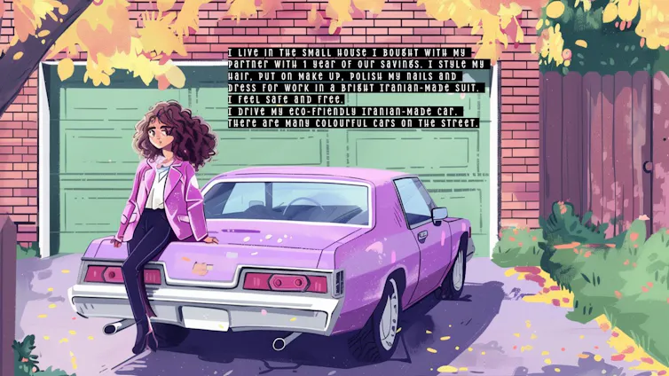 Young girl with curly hair, dressed in a purple blazer sits on a purple car