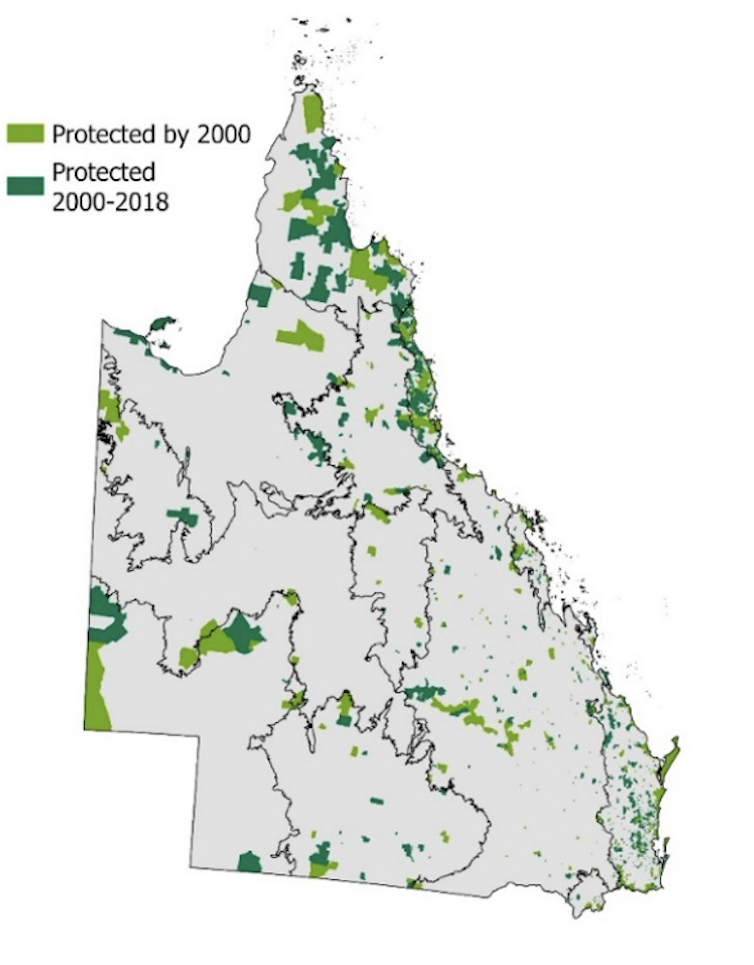 A map of queensland with green dots representing parks