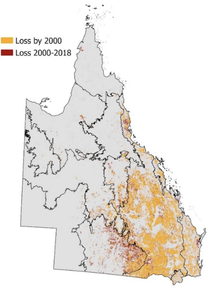 A map of Queensland with areas of landclearing shown in orange and red.