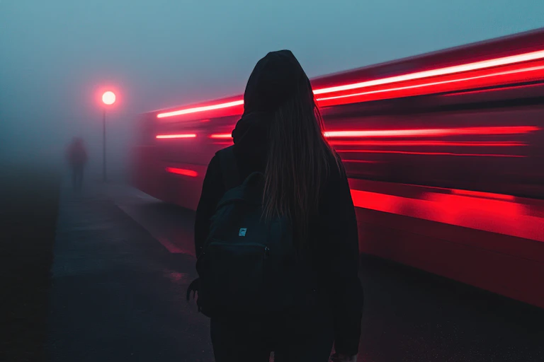 View from behind of a young woman on a train platform on a foggy evening, while a train speeds past in the background