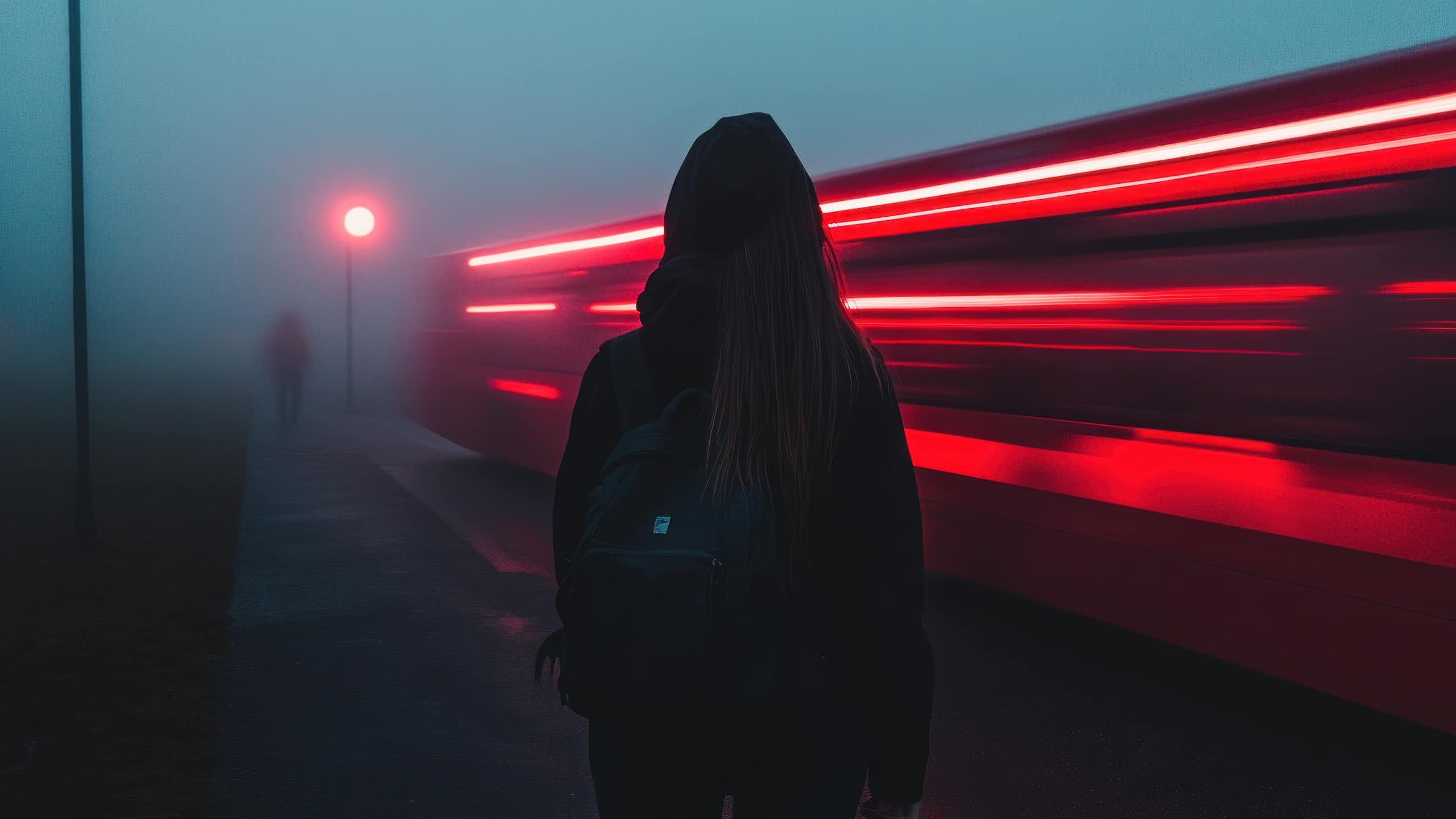 View from behind of a young woman on a train platform on a foggy evening, while a train speeds past in the background