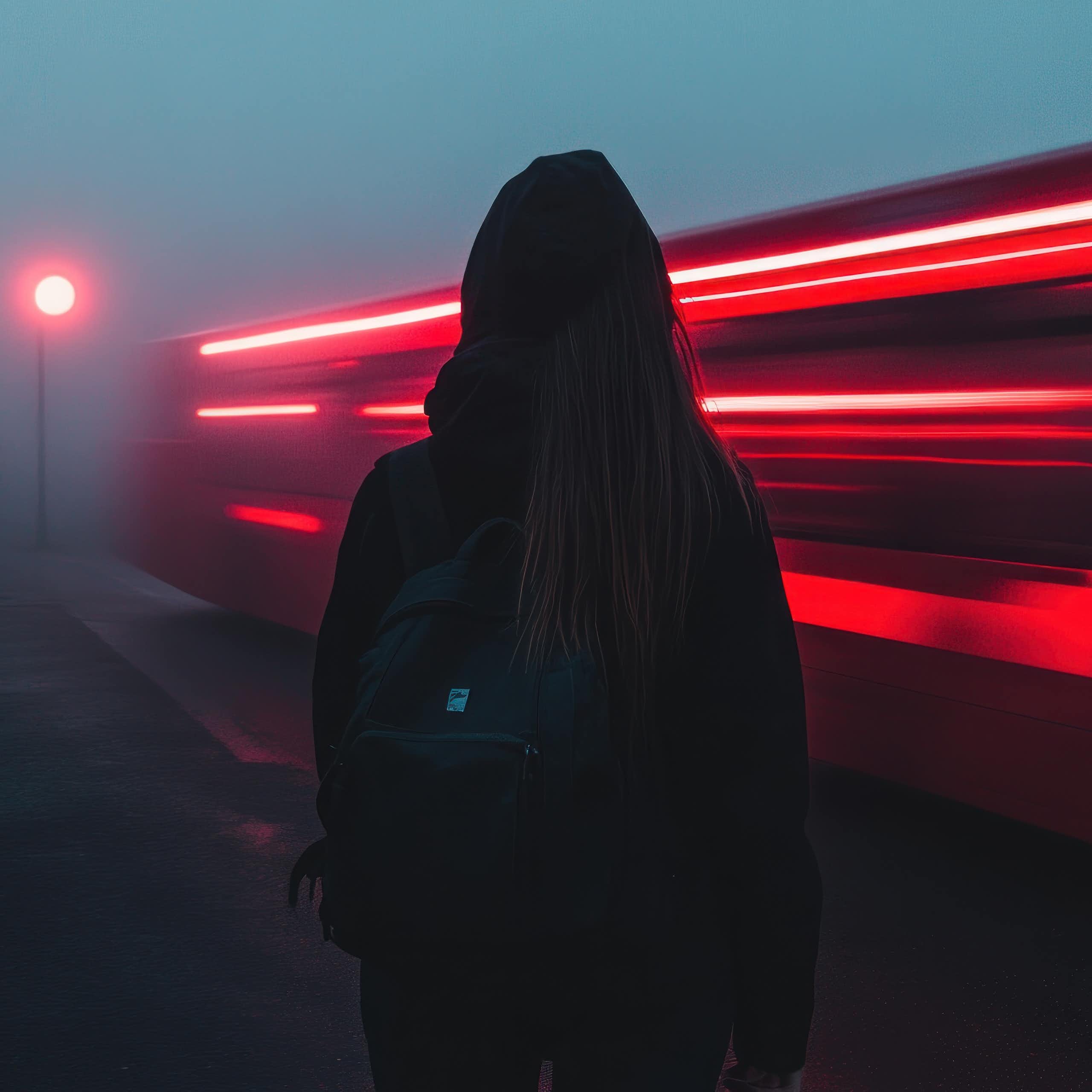View from behind of a young woman on a train platform on a foggy evening, while a train speeds past in the background