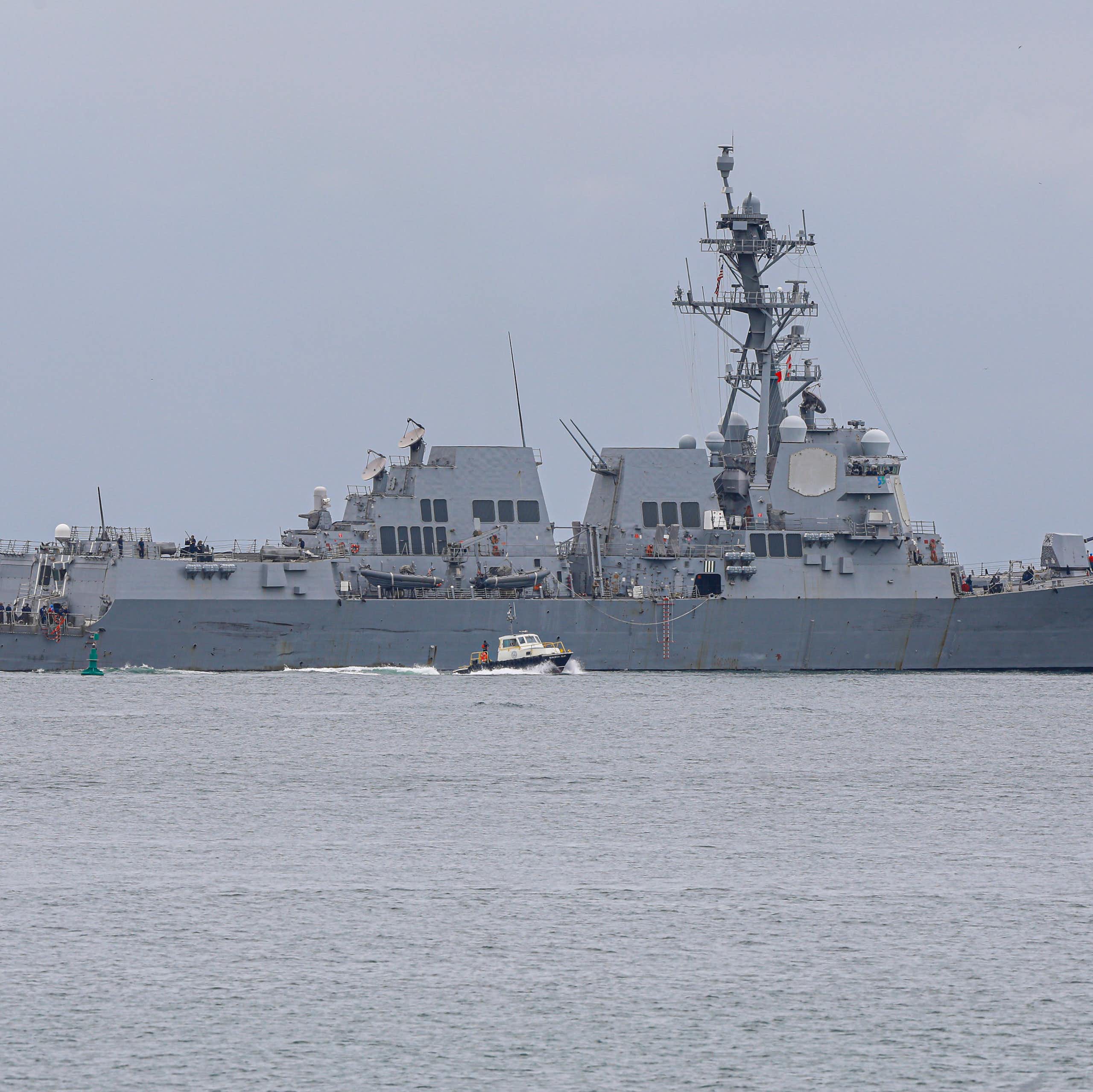 A large ship is at sea.