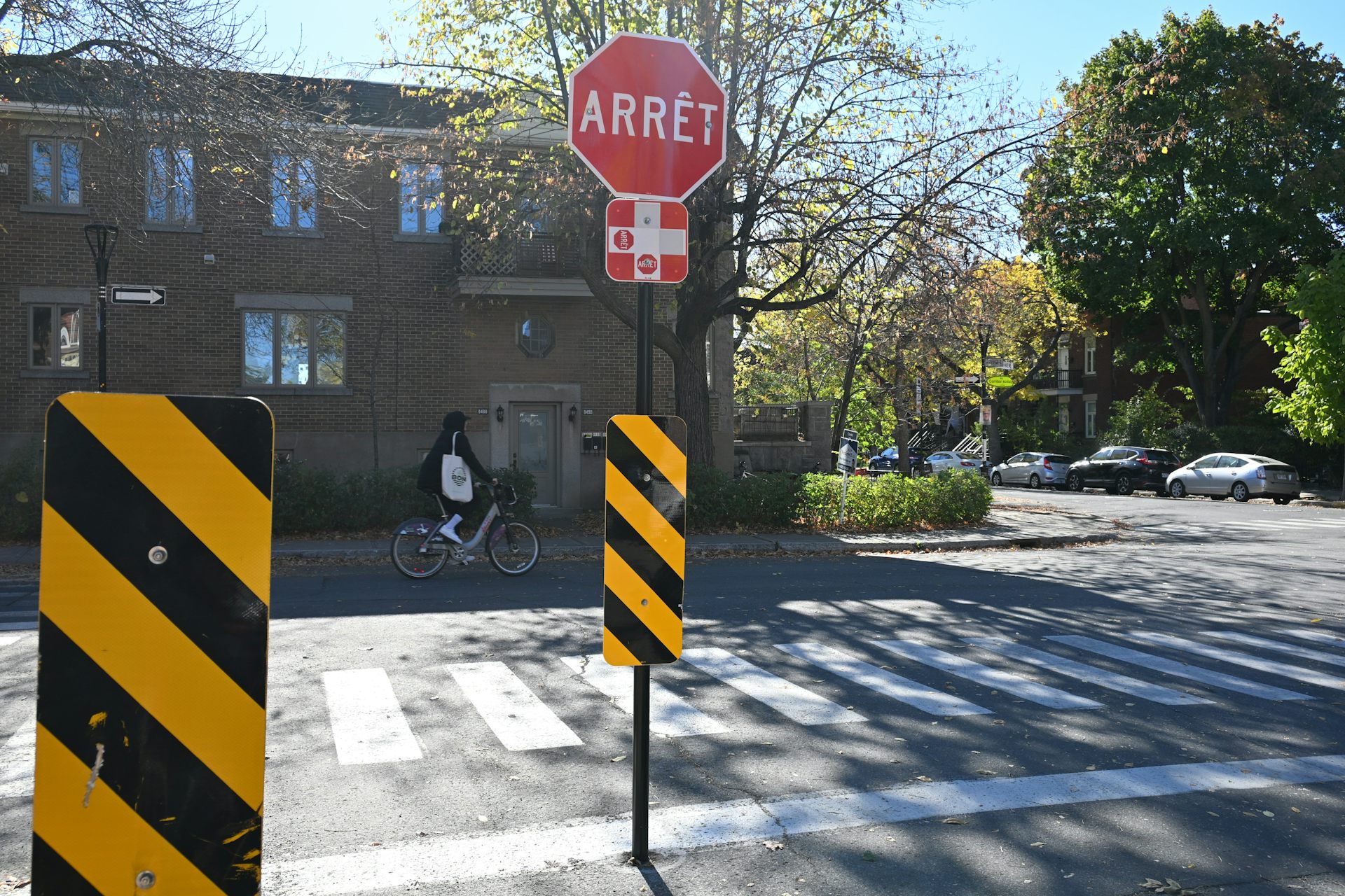 Cyclists wait at a red light while vehicles pass by