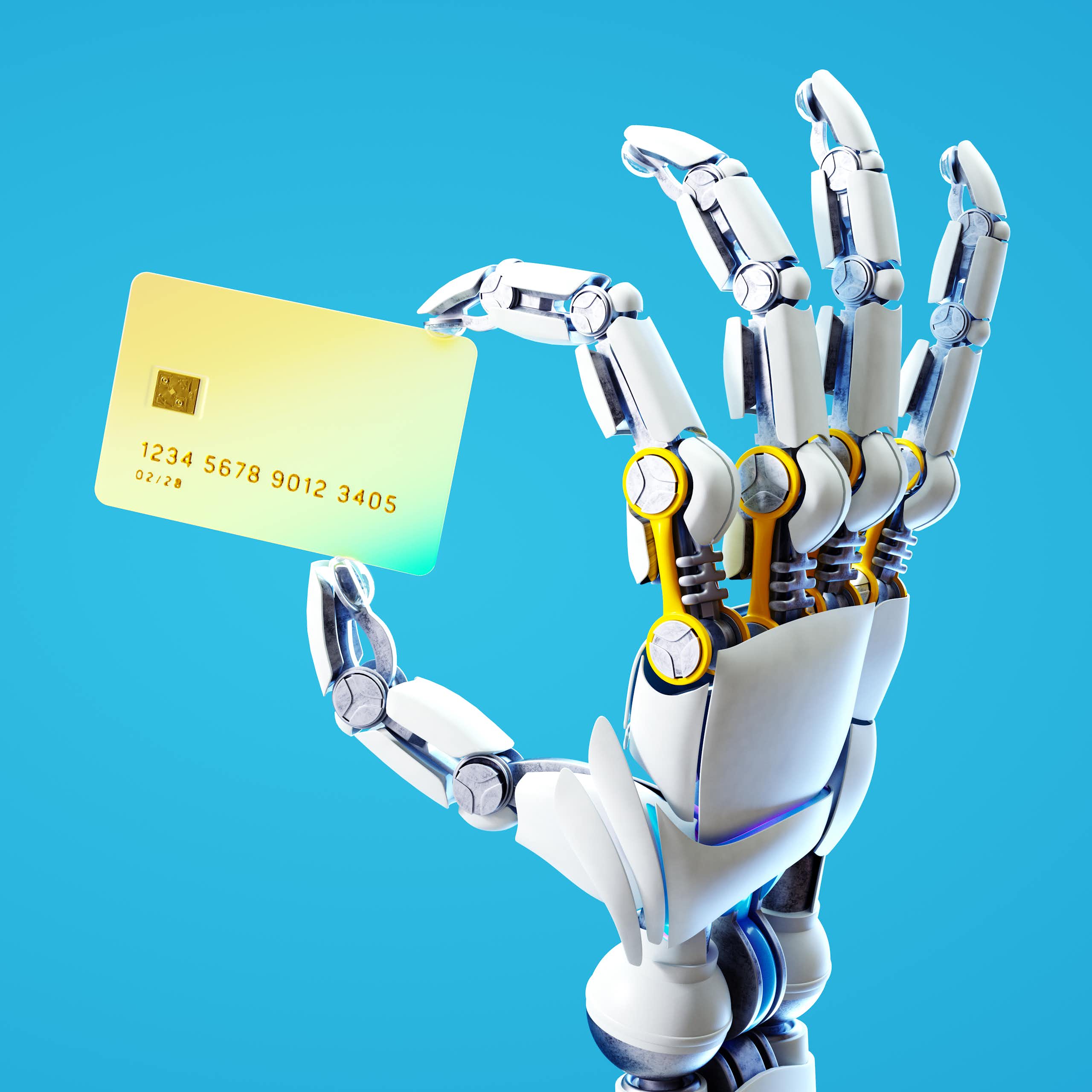 a robotic hand holds a credit card