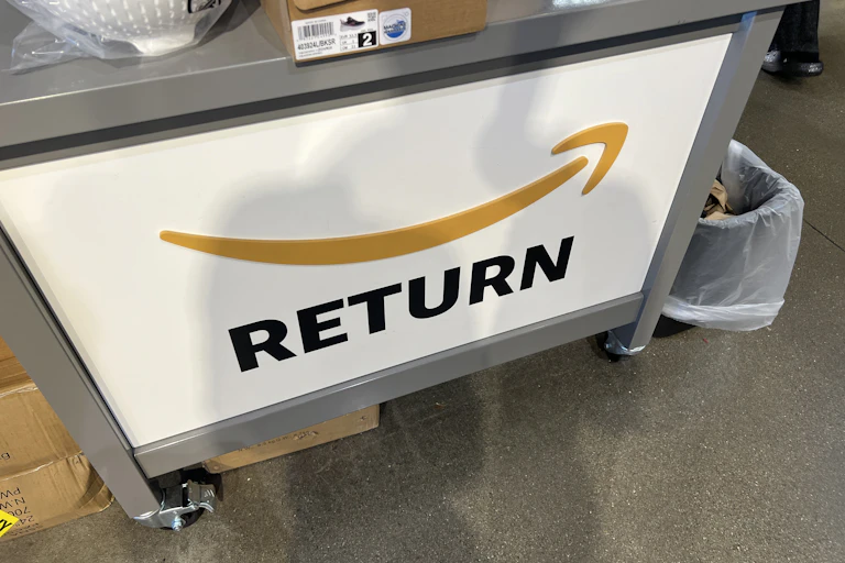 An Amazon returns kiosk is shown in close-up inside a Whole Foods Market in Lafayette, California, on Feb. 5, 2025.