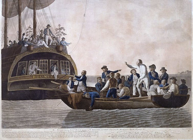 A depiction of mutineers farewelling a crew on a smaller boat from their ship.