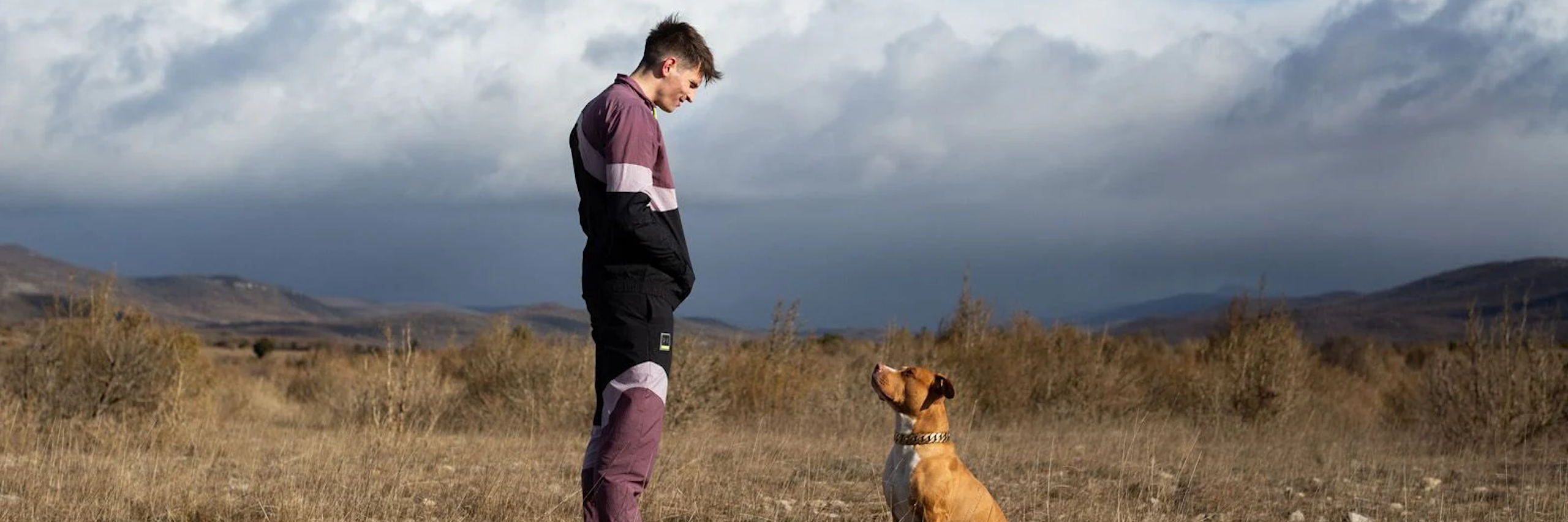 Un jeune homme en jogging regarde son chien dans la campagne