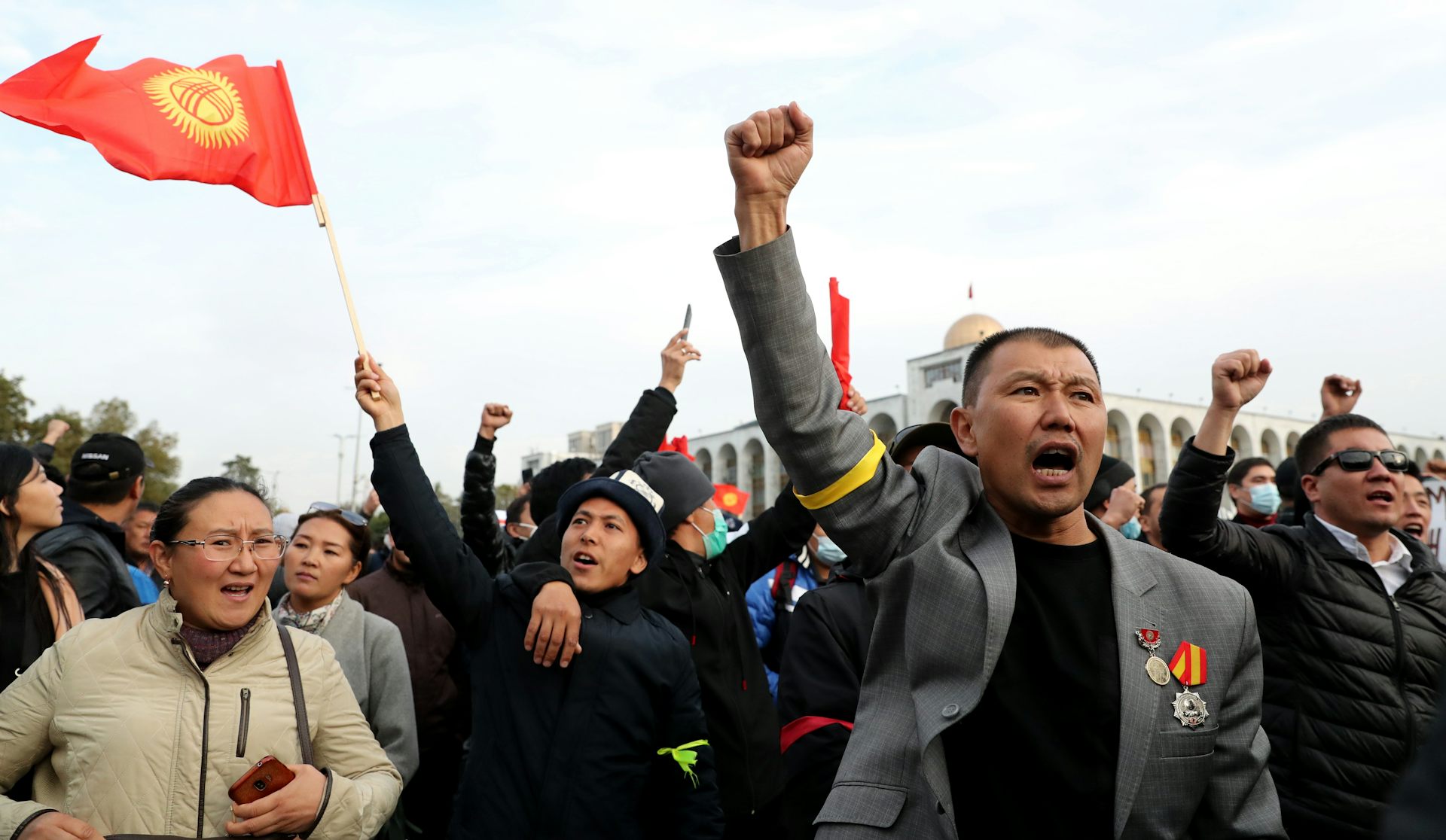 Demonstrators participate in a rally in Bishkek, Kyrgyzstan.