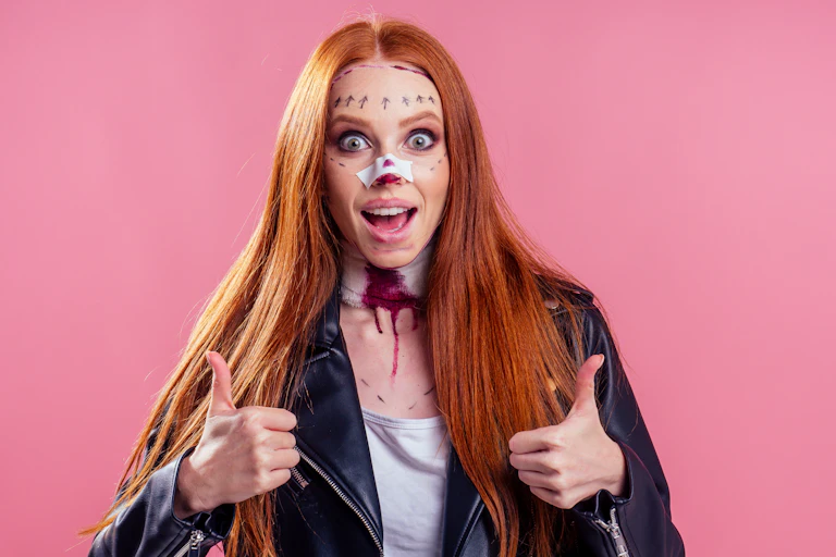 A girl with fake Halloween injuries.