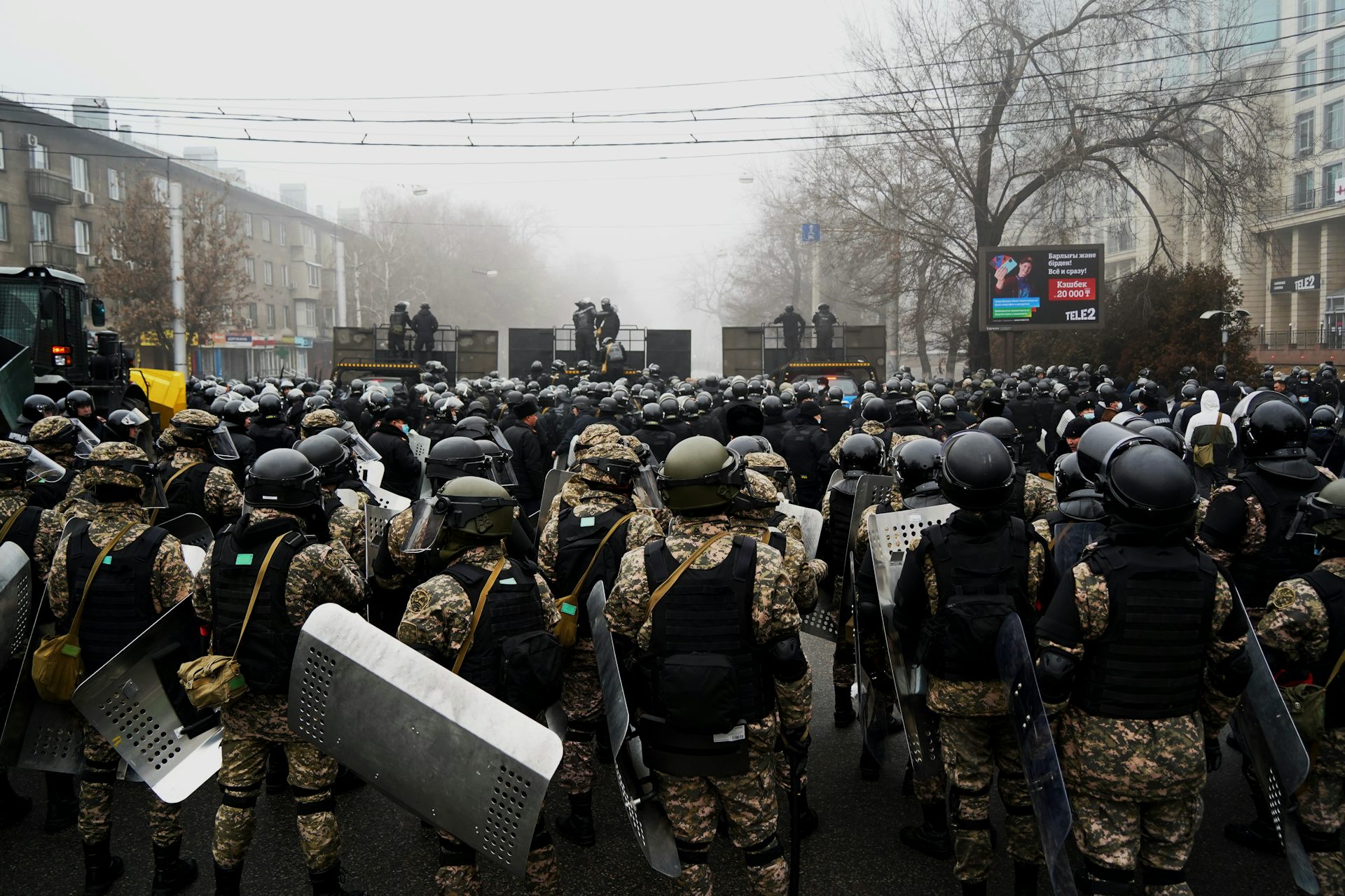 A group of riot police during protests in Almaty.