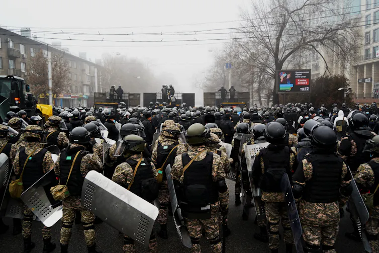 A group of riot police during protests in Almaty.