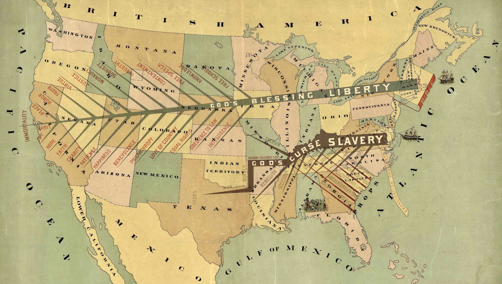 A late 19th-century map of the United States, with Northern states labeled 'God's Blessing Liberty' and Southern states labeled 'God's Curse Slavery.'
