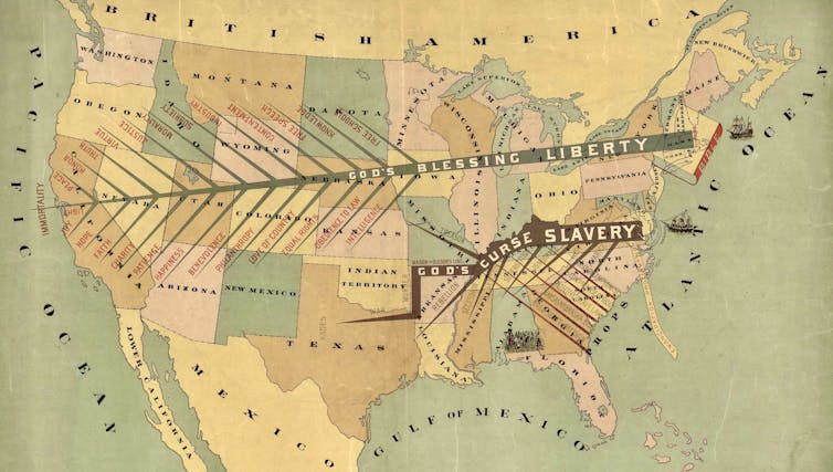 A late 19th-century map of the United States, with Northern states labeled 'God's Blessing Liberty' and Southern states labeled 'God's Curse Slavery.'