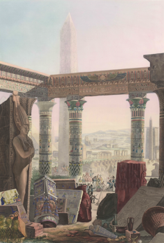 Colorful drawing of Egyptian ruins.