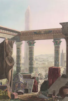 Colorful drawing of Egyptian ruins.