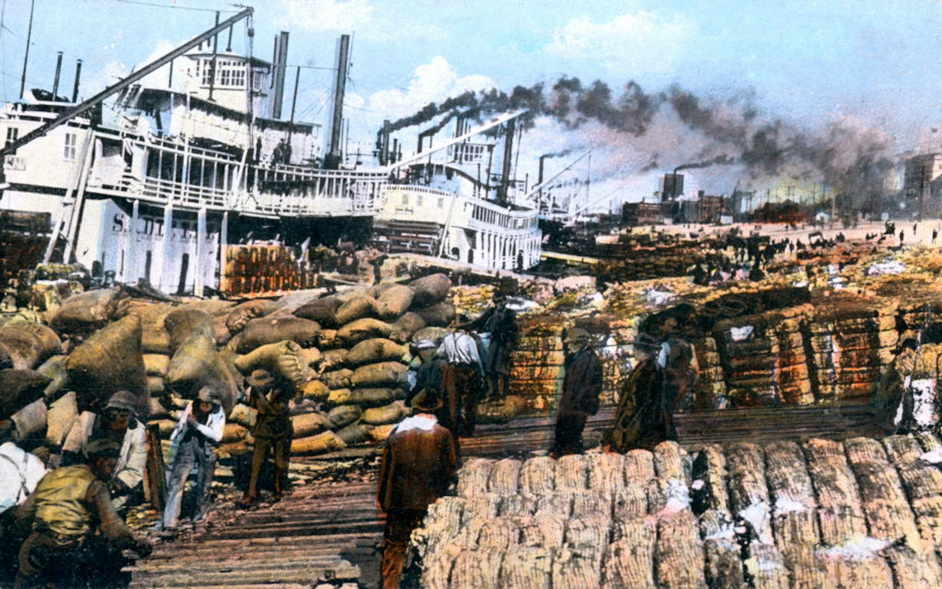 Colorful drawing of people loading bales of cotton onto steamboats.