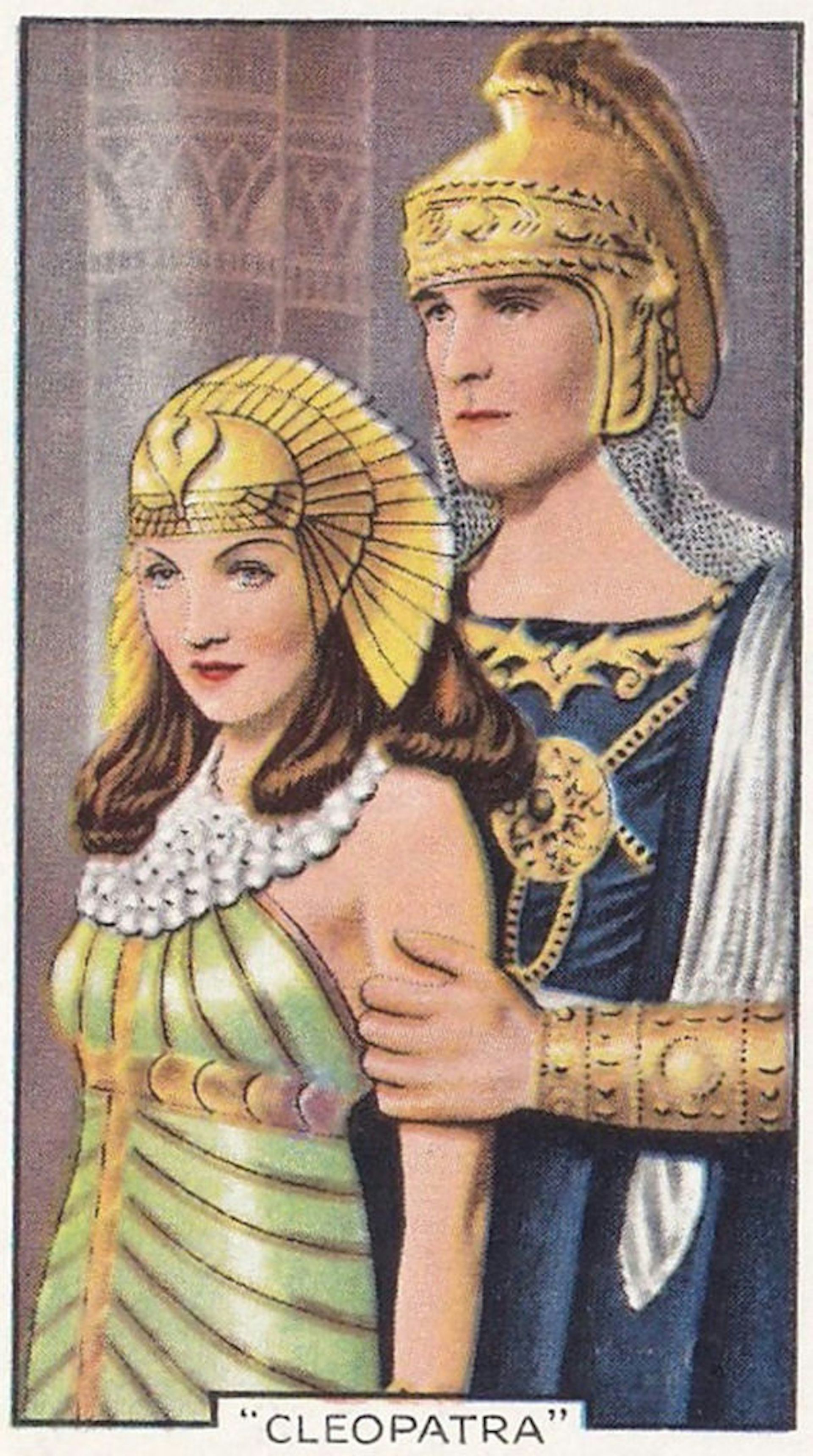 A colorful drawing of a young queen with a gilded headdress being embraced from behind by a man wearing a gilded helmet.