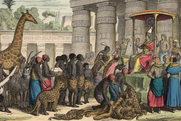 A colorful engraving of African tribespeople bring their tributes before the Pharaoh.