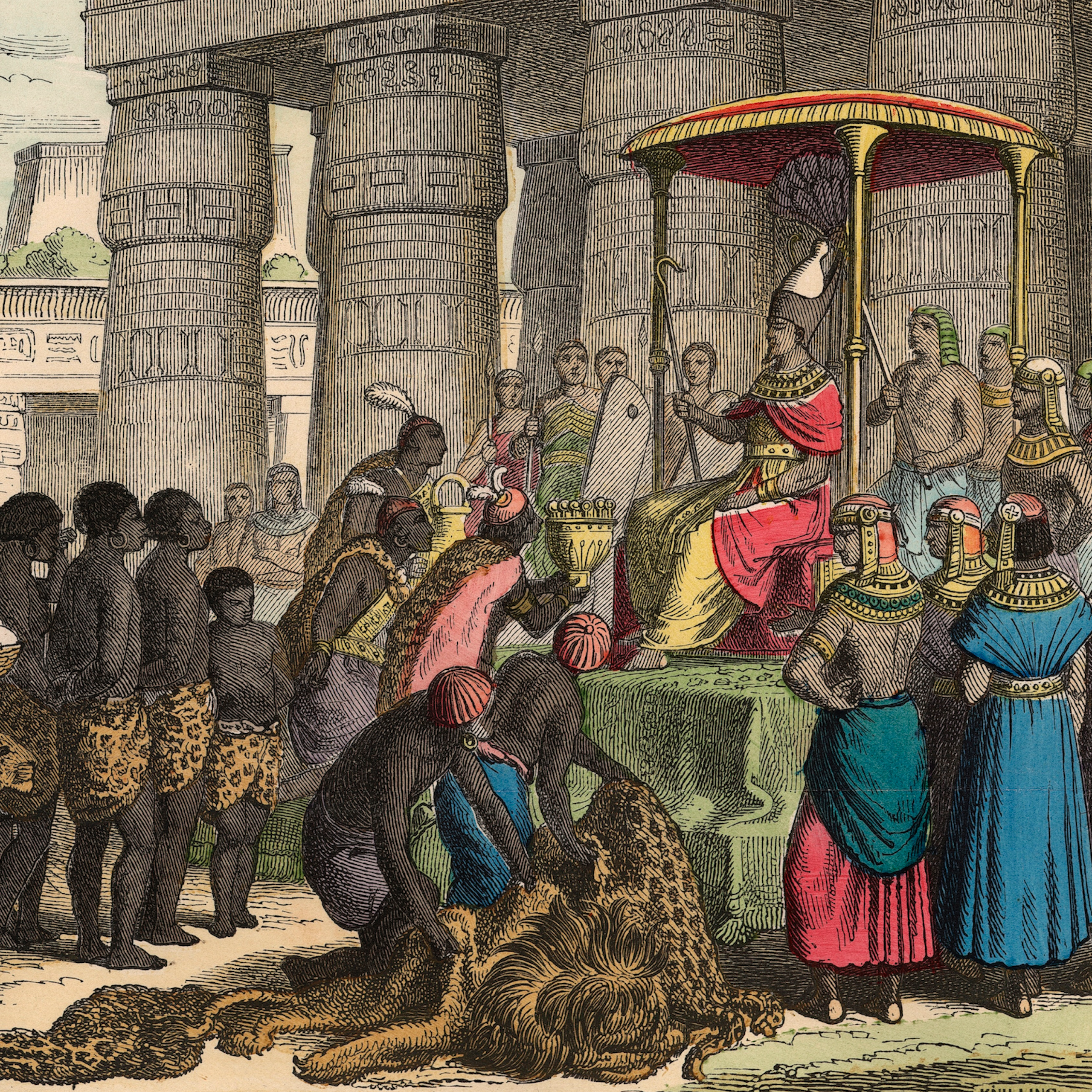 A colorful engraving of African tribespeople bring their tributes before the Pharaoh.