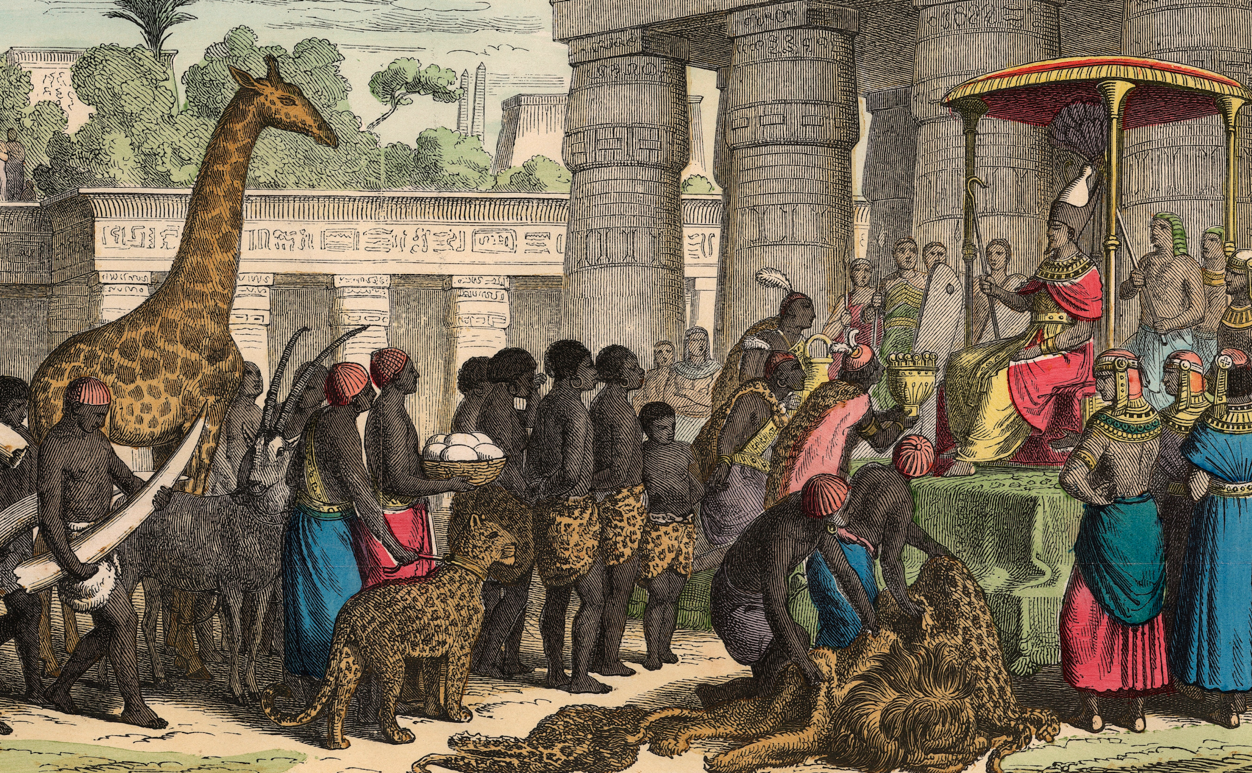 A colorful engraving of African tribespeople bring their tributes before the Pharaoh.