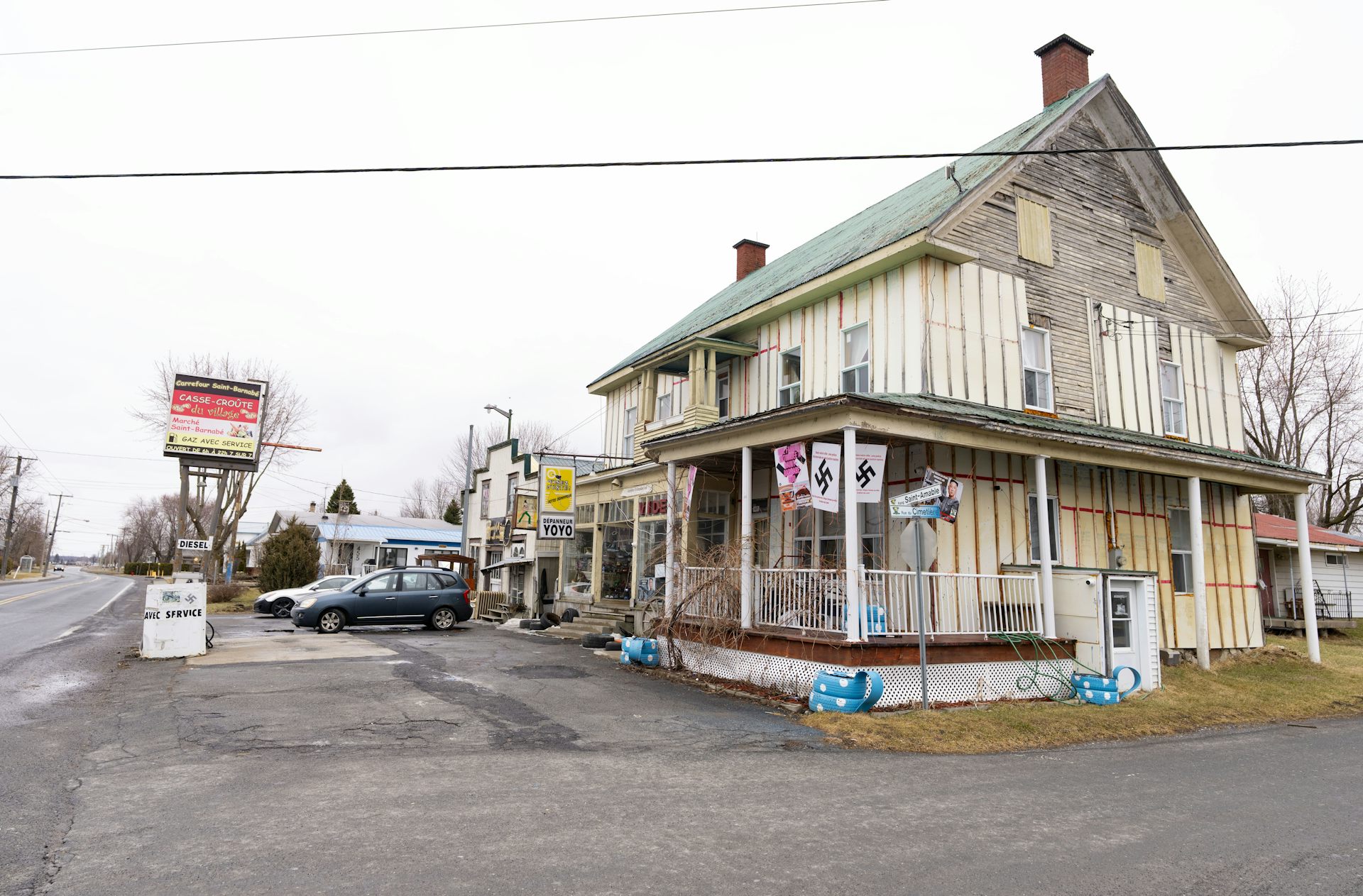 A house adorned with swastikas.