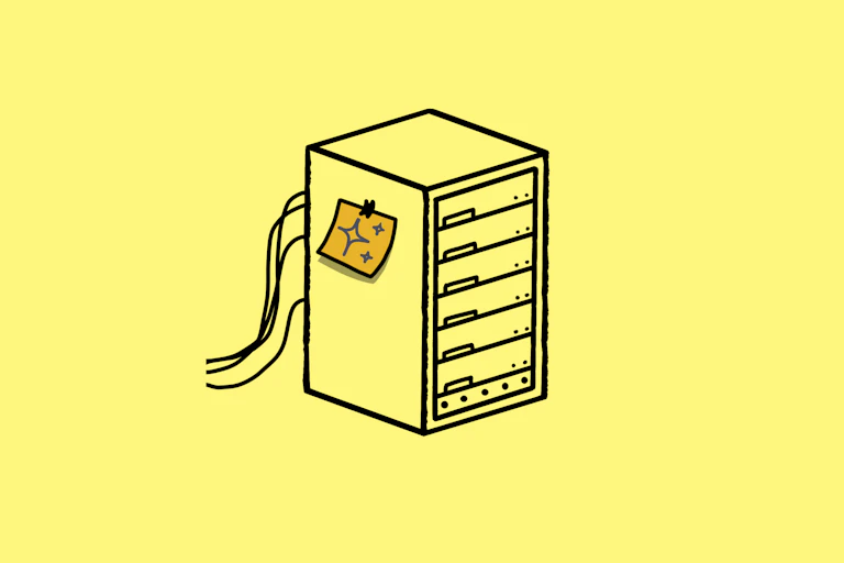 Simplistic illustration of a server rack with wires trailing out of it. A yellow sticky note is taped to the rack with a drawing of cartoon sparkles.