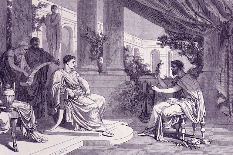 Pliny the Elder in discussion with emperor Vespasian.
