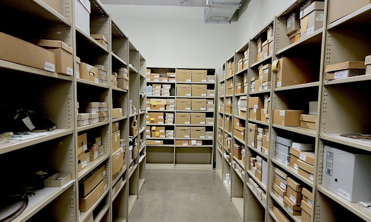 A photo of various files and cardboard boxes stacked on shelving units.