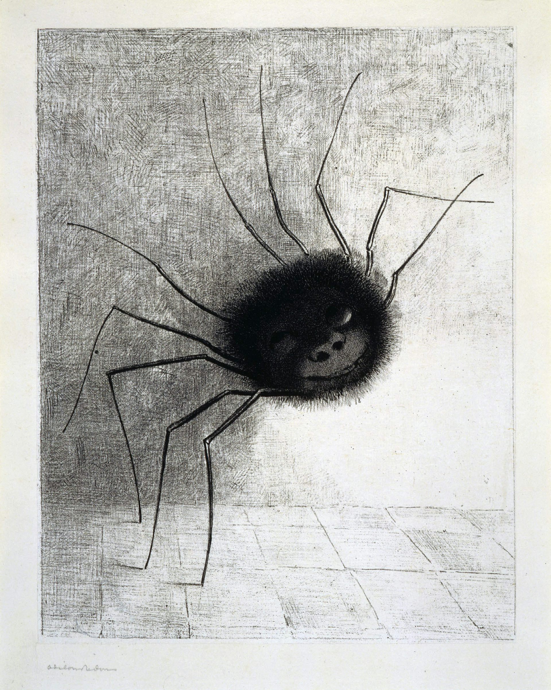 Drawing of a smudgey black spider with a smiling face