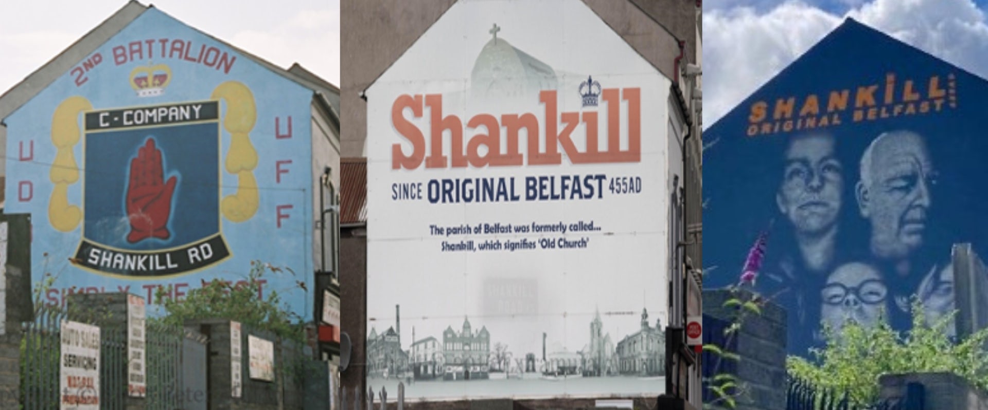 Three photos of the same mural over time celebrating soldiers, then the buildings, then the people