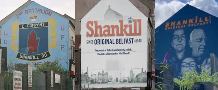 Three photos of the same mural over time celebrating soldiers, then the buildings, then the people