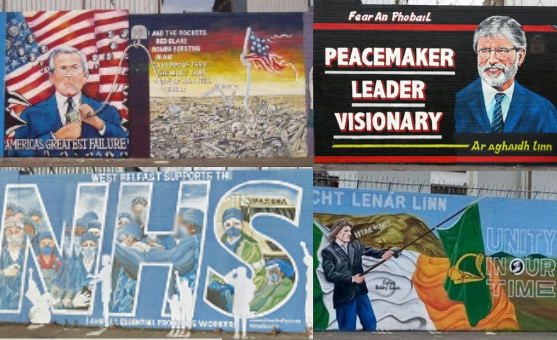 Four photos of the same mural over time showing the invasion of Afghanistan, then Gerry Adams, then Celebrating the NHS, then Bobby Sands and the Irish flag