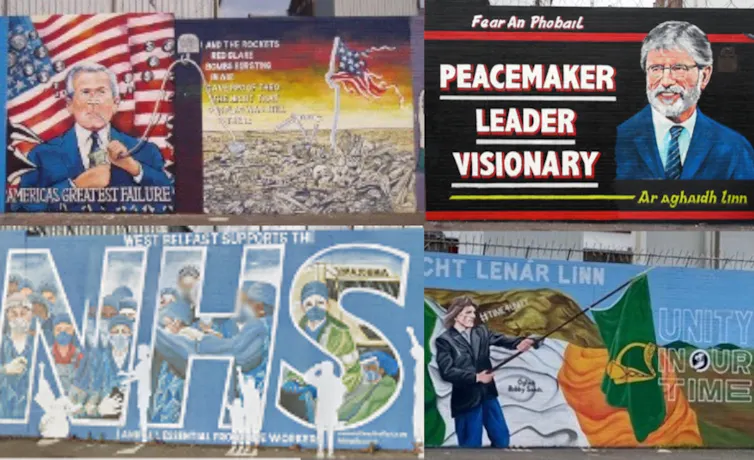 Four photos of the same mural over time showing the invasion of Afghanistan, then Gerry Adams, then Celebrating the NHS, then Bobby Sands and the Irish flag