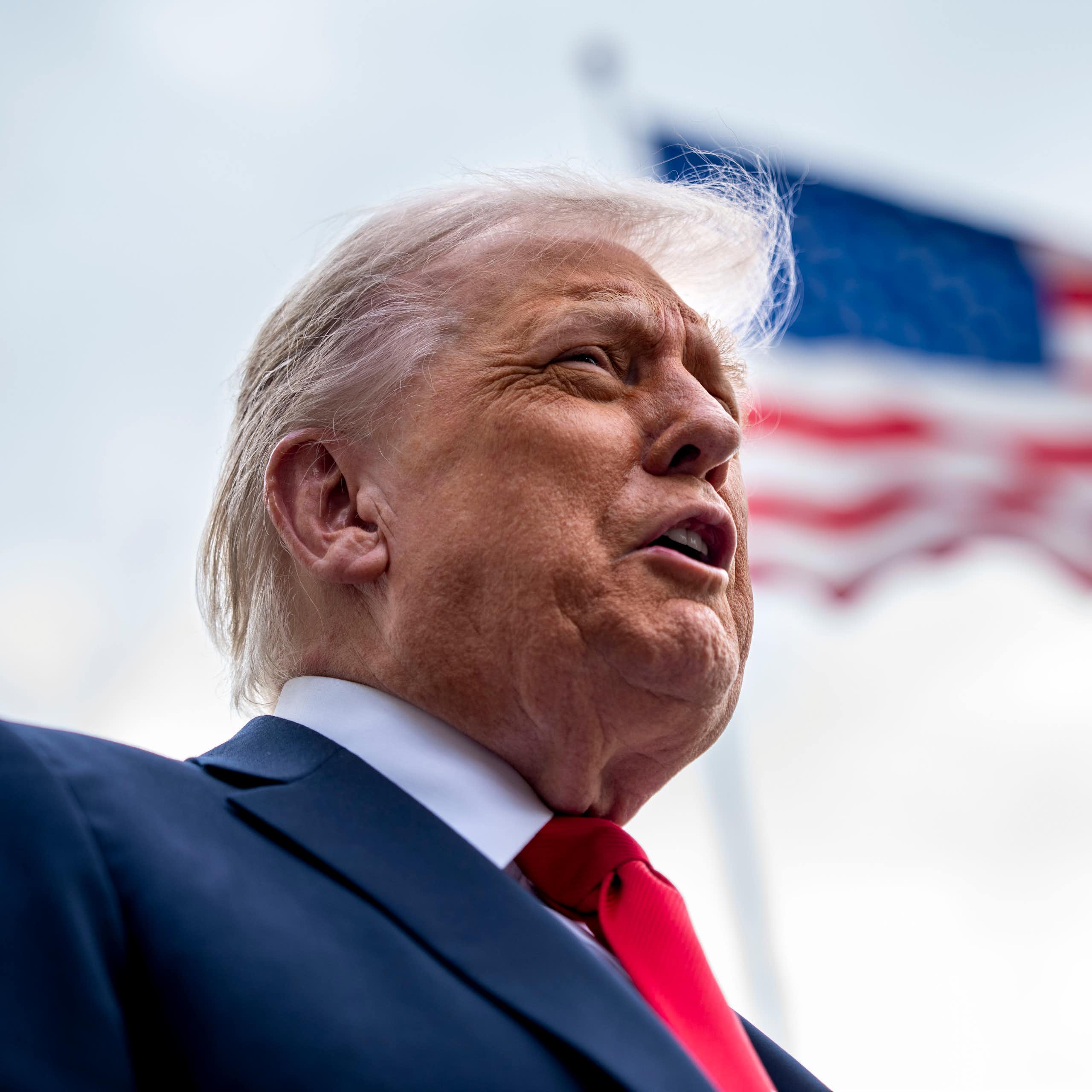 Donald Trump with US flag in background.