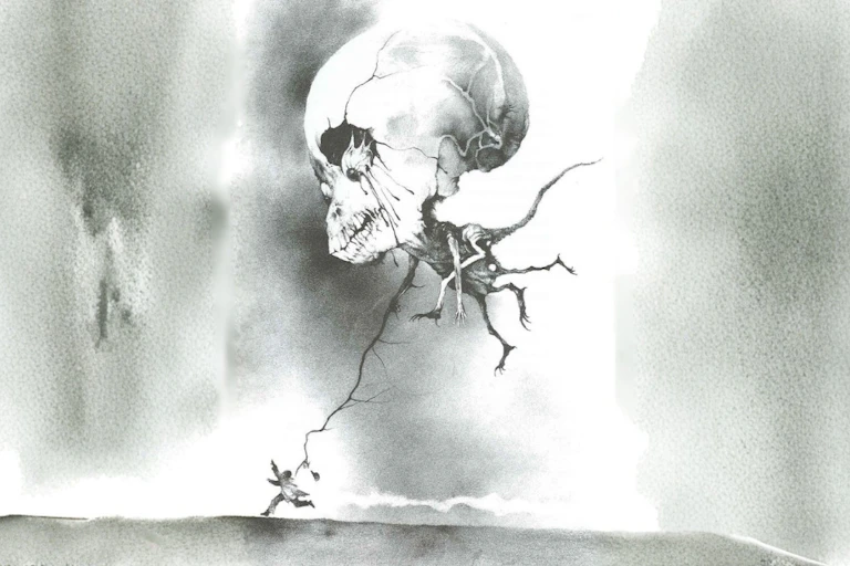 A man being chased by a floating skeleton