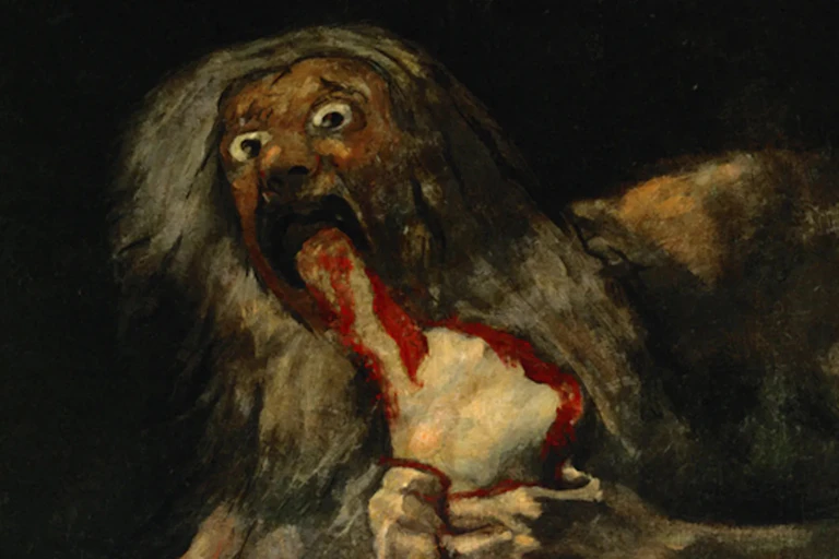 Painting of a man with wide wild eyes eating an infant