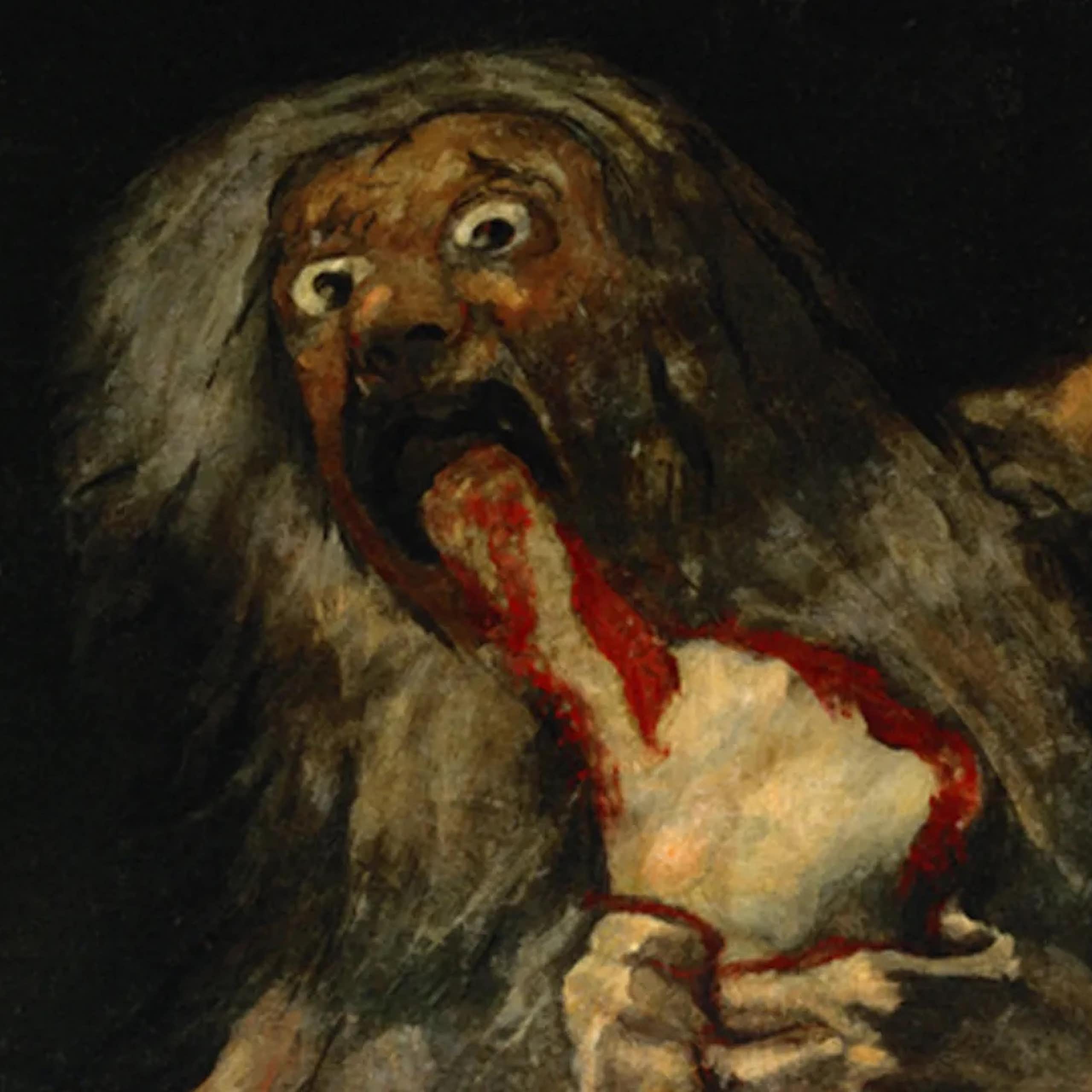 Painting of a man with wide wild eyes eating an infant