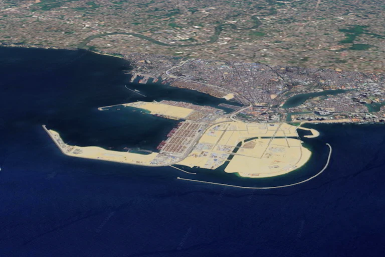 aerial shot of artificial land reclamation, colombo port