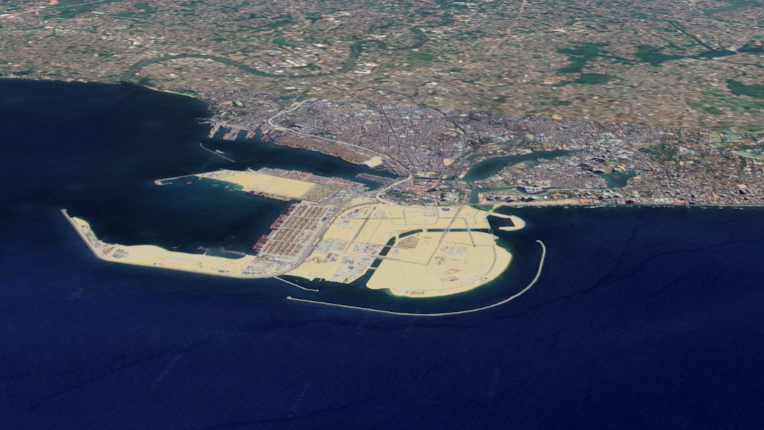 aerial shot of artificial land reclamation, colombo port