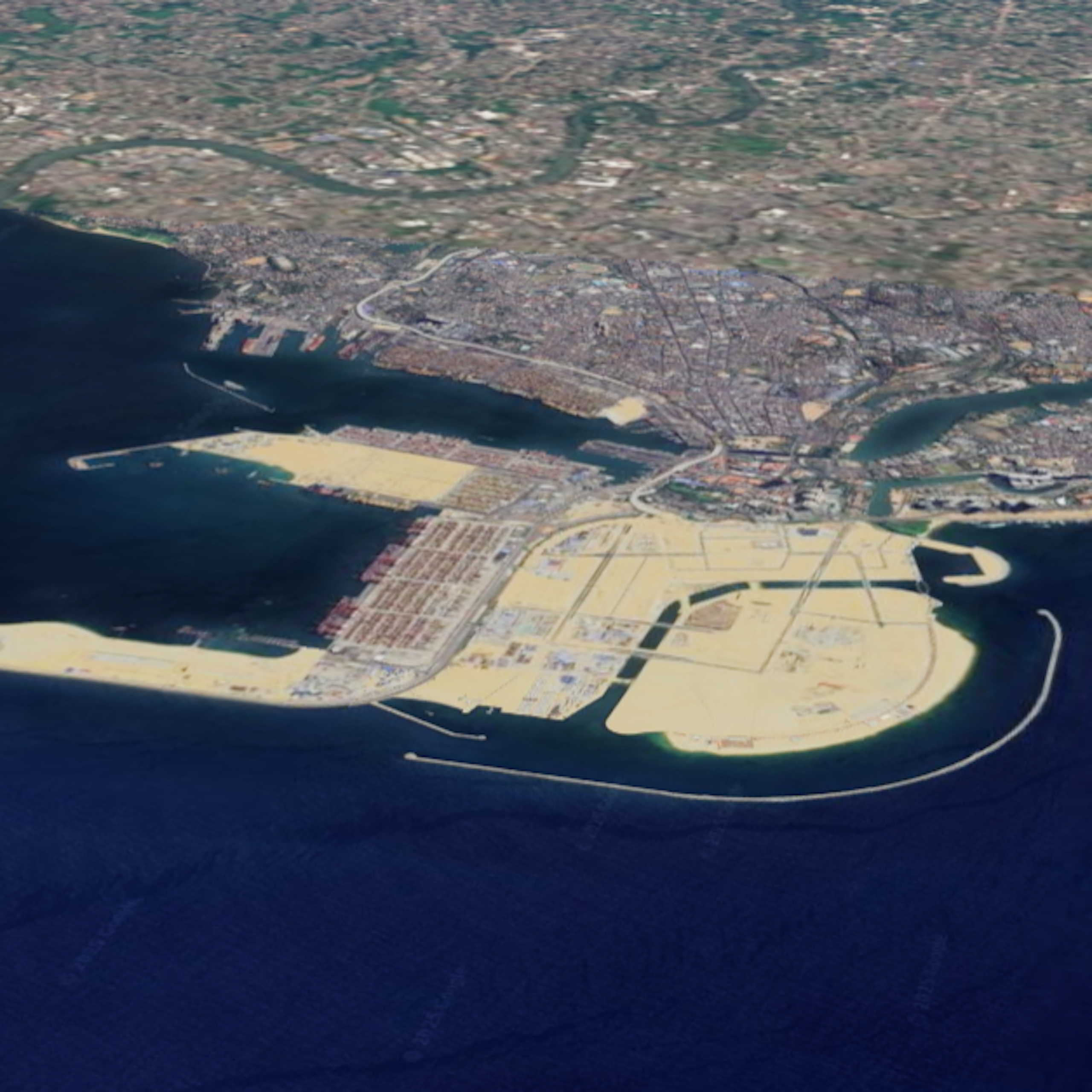 aerial shot of artificial land reclamation, colombo port