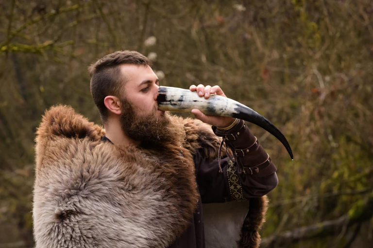 A Viking drinking mead.